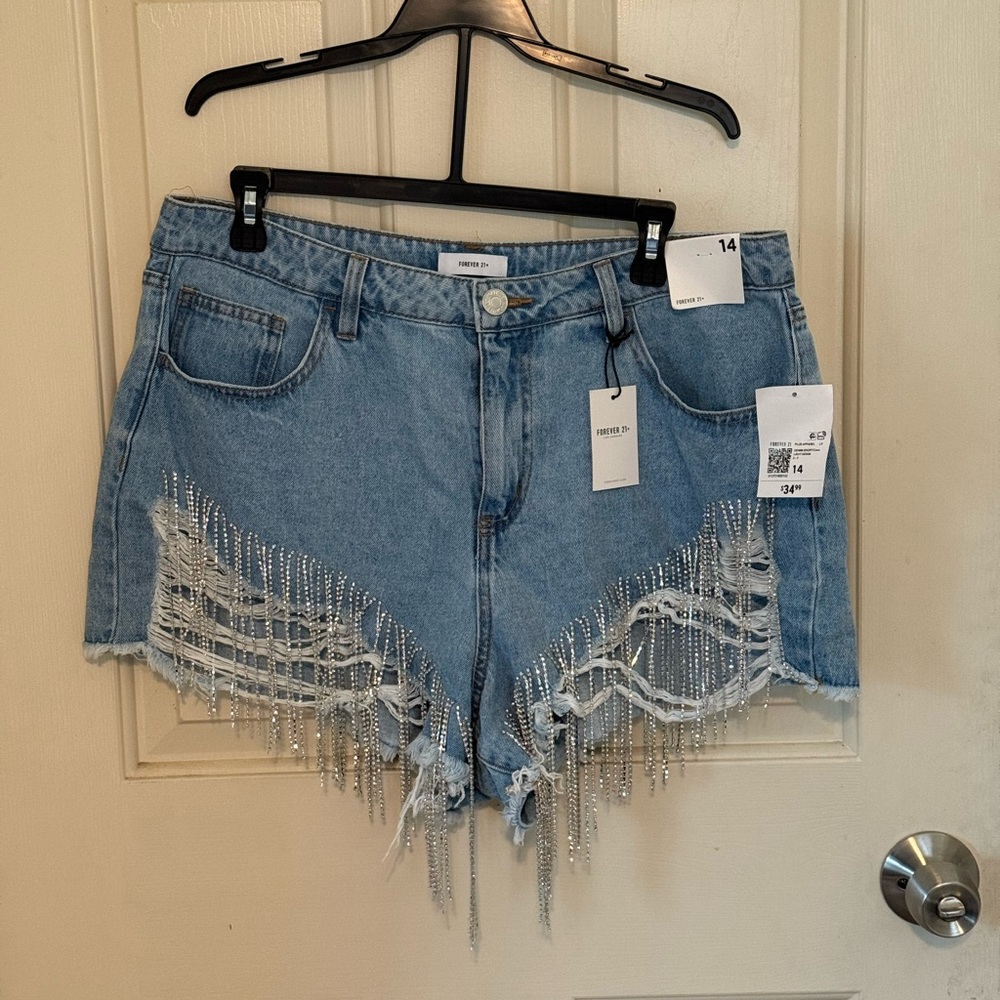 Forever 21 Blue Jean Shorts with Distressed Jewel Fringe 14
